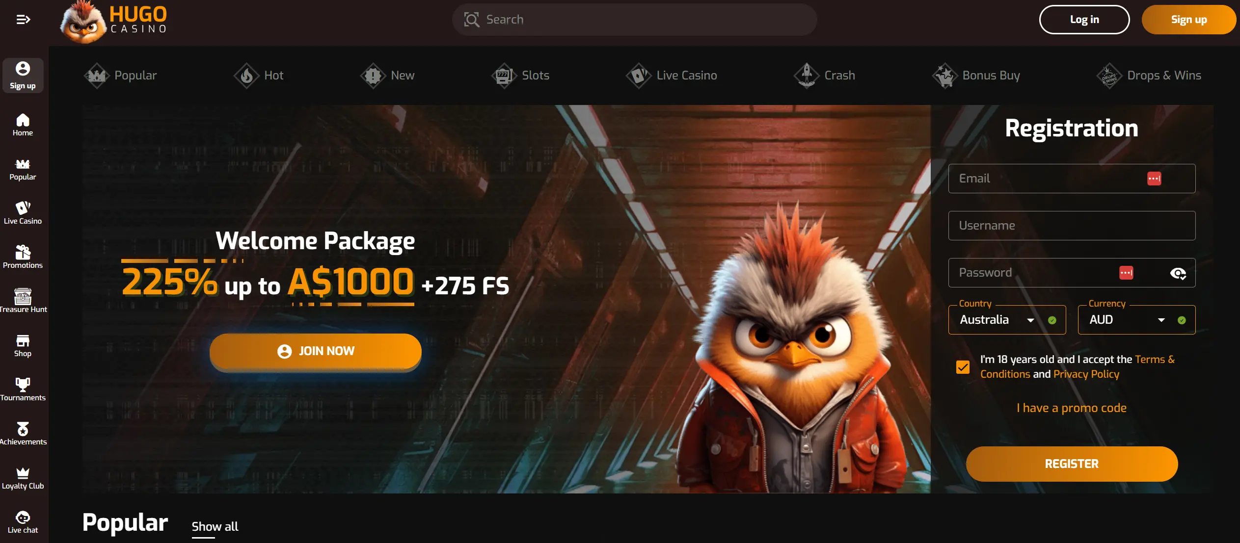 screenshot of hugo casino home page